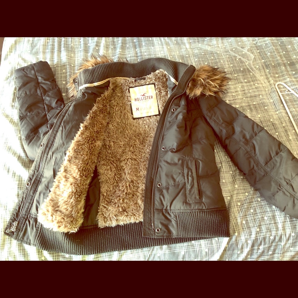 Hollister Fur Jacket, Army Green/ dark gray